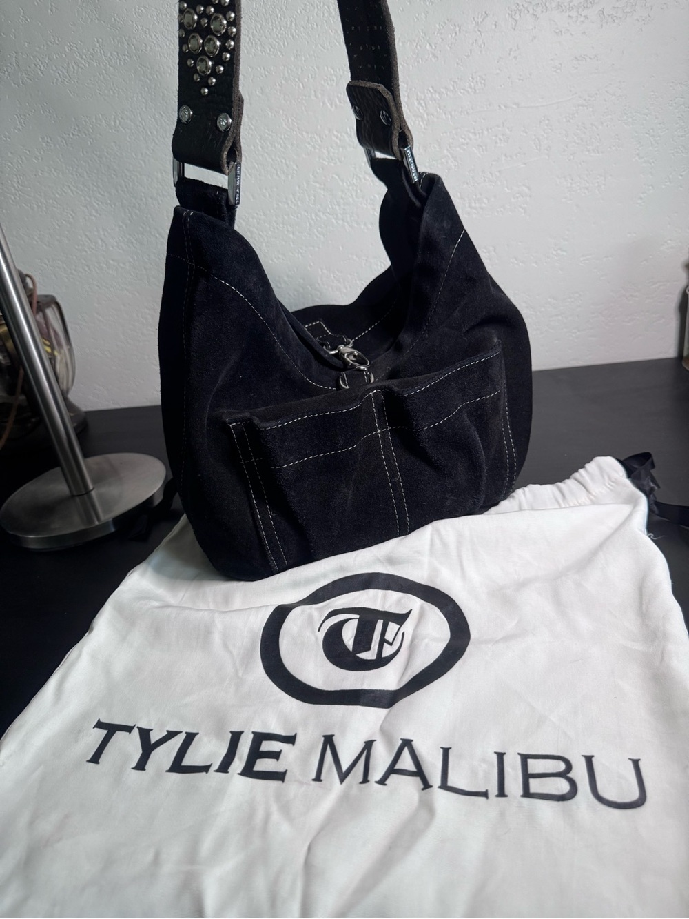 Tylie Malibu Black Studded Strap Suede Hobo Bag Y2K - Picture 13 of 16